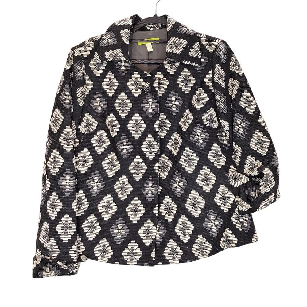 Sigrid Olsen Floral Brocade Jacket Button Up Textured Black White Womens Size 10